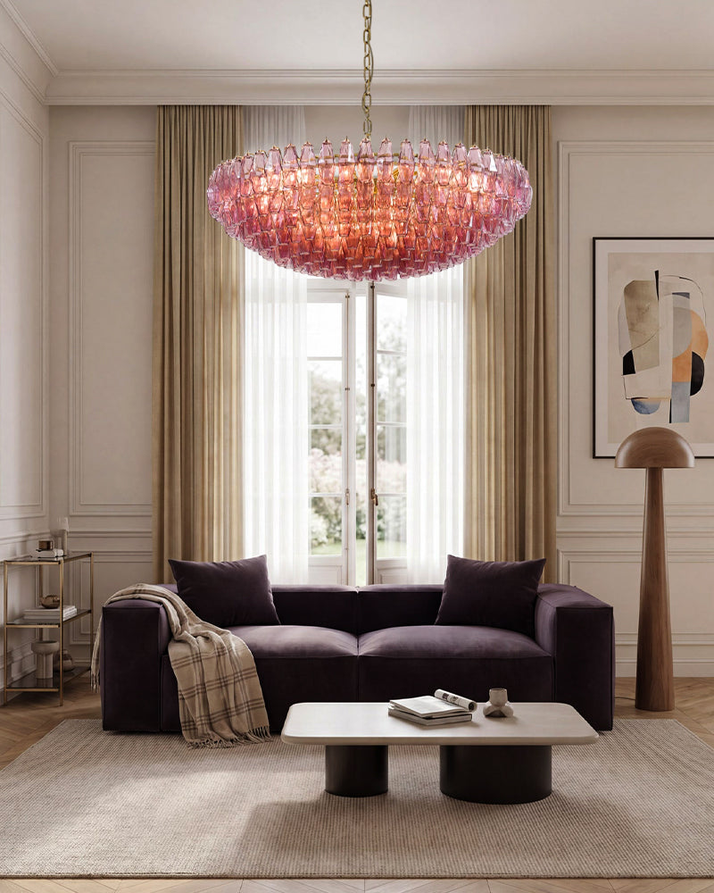 Cortina Murano Glass Amber Pink Multi Tiered Dome Chandelier - Hand Blown Murano Glass, Lux Brass Trim - Living Rooms, Bedrooms, Dining Rooms