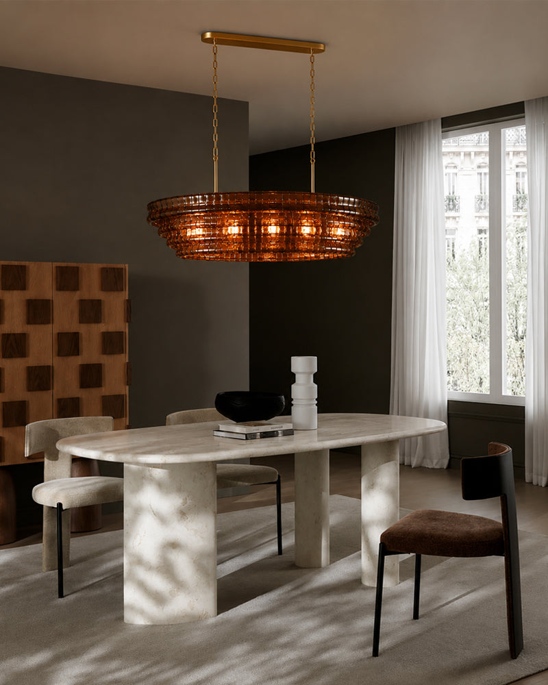 Brina Ghiaccio Amber Pink Murano Glass Oval Linear Chandelier - Textured Ice Glass, Lux Gold Trim - Kitchen Islands & Dining Rooms