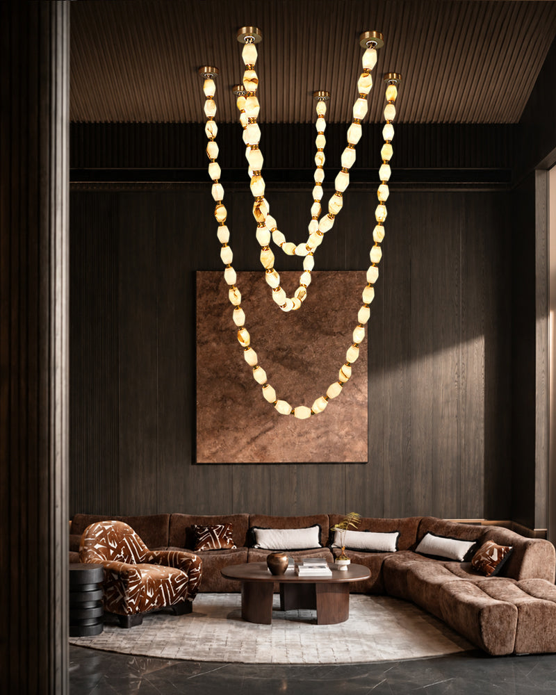 Clairval Alabaster Bead Rope Hanging Pendant Light - Natural Spanish Alabaster, Lux Brass Trim - Lobby, Living Rooms & High Ceilings