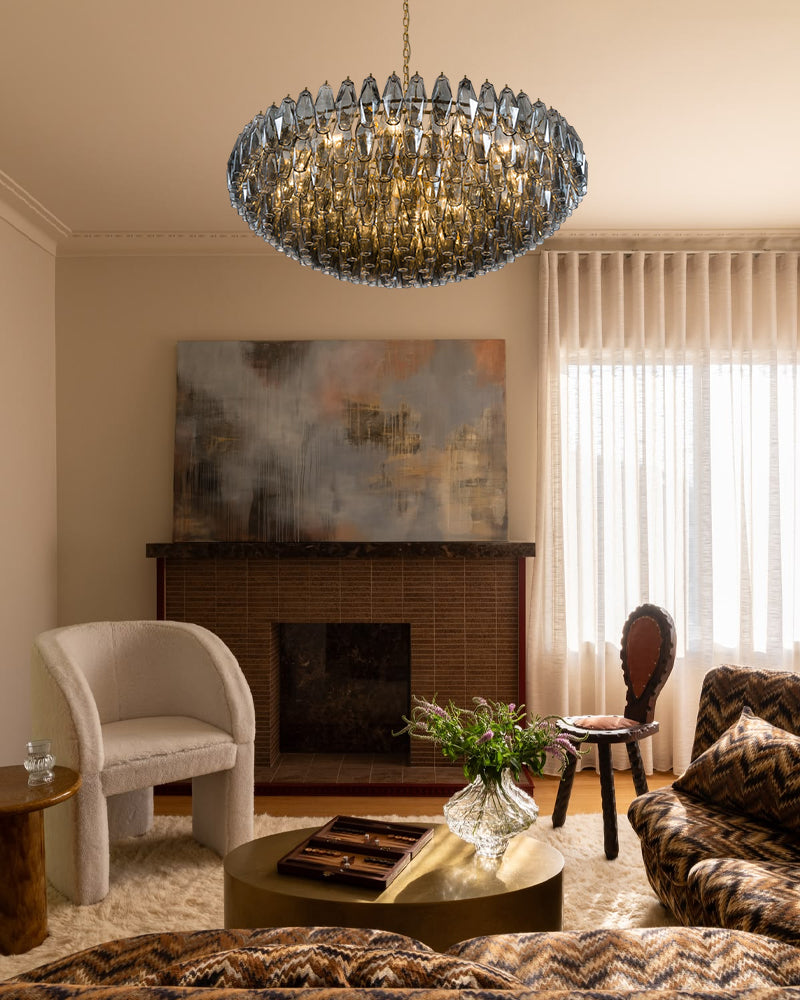 Cortina Murano Glass Multi Tiered Prism Gemstone Chandelier - Handblown Glass, Serene Brass Trim - Living Rooms, Bedrooms, Dining Rooms.