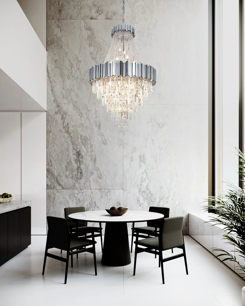 LightsStory Series Cascading Chandelier | Drum Frame Cascading Crystal Gold stainless steel drum frame with hand-strung clear crystals, Premium Gold finish for Grand Foyers, Lobbies, and Dining Rooms Luxury Modern Chandelier