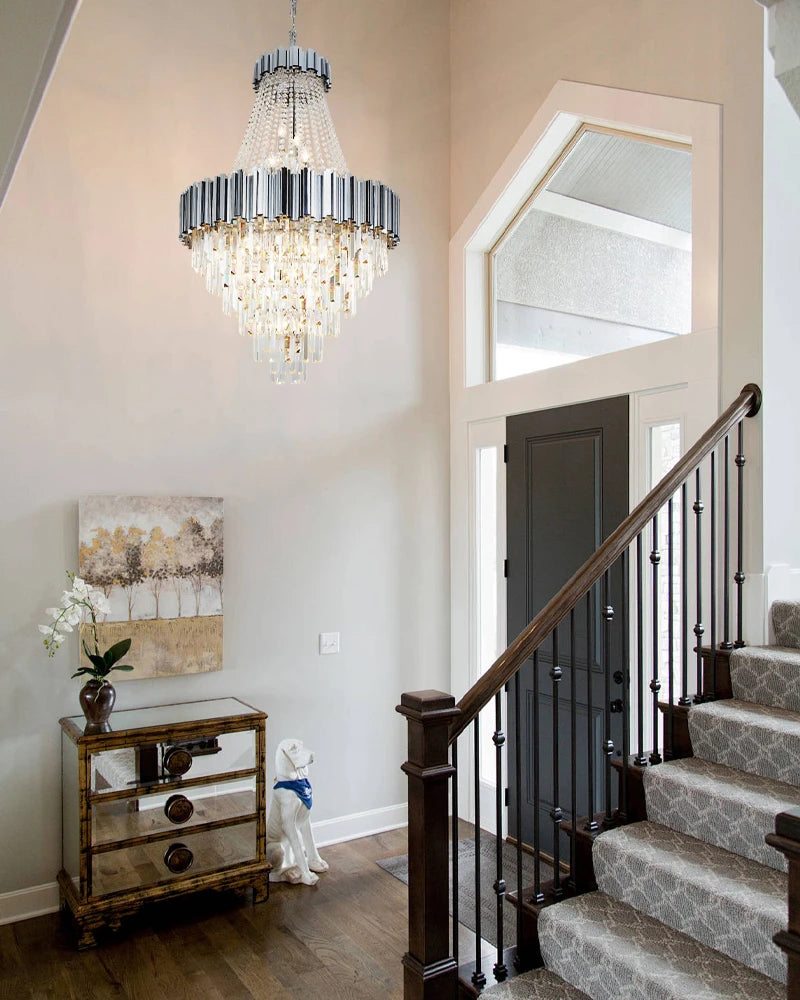 LightsStory Series Cascading Chandelier | Drum Frame Cascading Crystal Gold stainless steel drum frame with hand-strung clear crystals, Premium Gold finish for Grand Foyers, Lobbies, and Dining Rooms Luxury Modern Chandelier