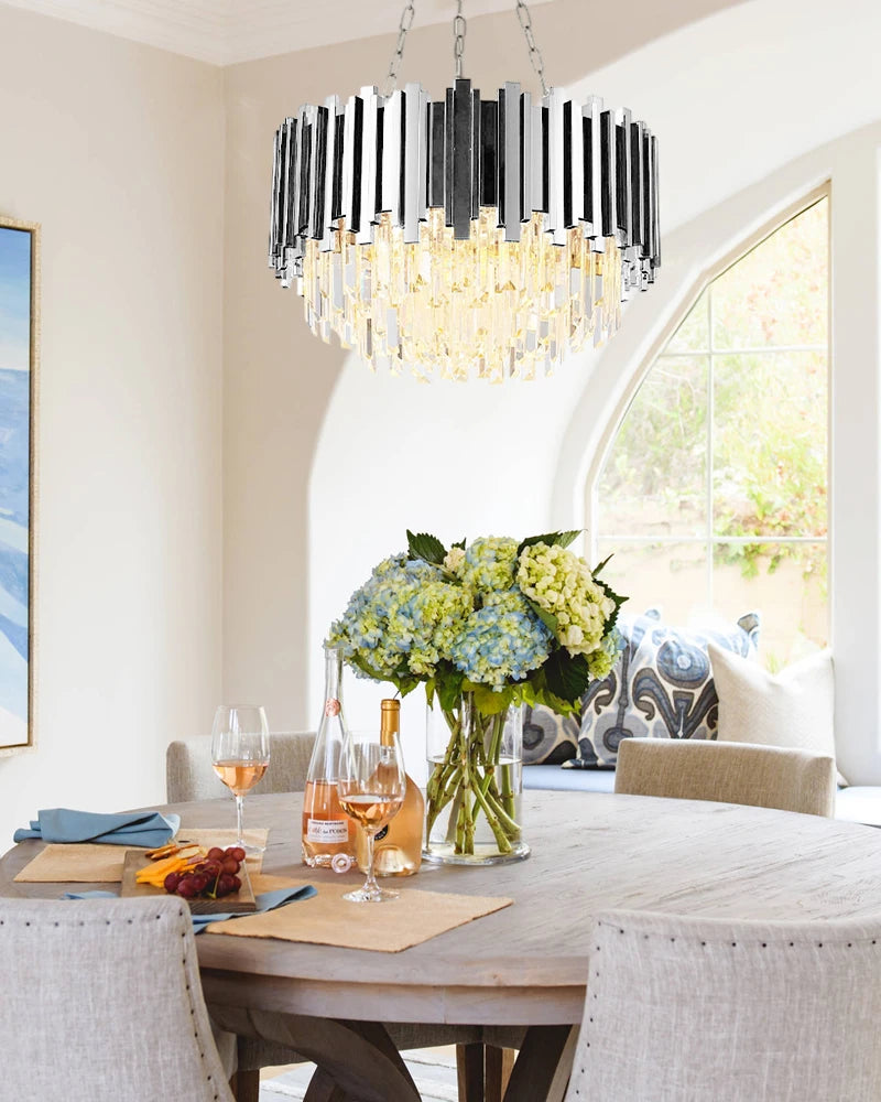 LightsStory Series Cascading Chandelier | Drum Gold stainless steel frame with hand-strung clear crystals, Premium Gold finish for Dining Rooms and Grand Foyers Luxury Drum Round Chandelier