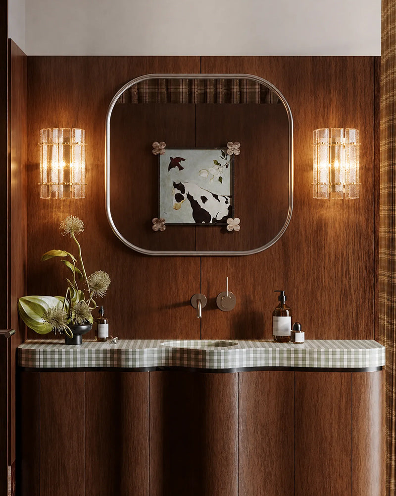 Solstice Ghiaccio Glass Lantern Wall Light Sconce - Flush Mount, Lux Gold Trim - Hallways, Foyers, Dining Rooms & Living Rooms