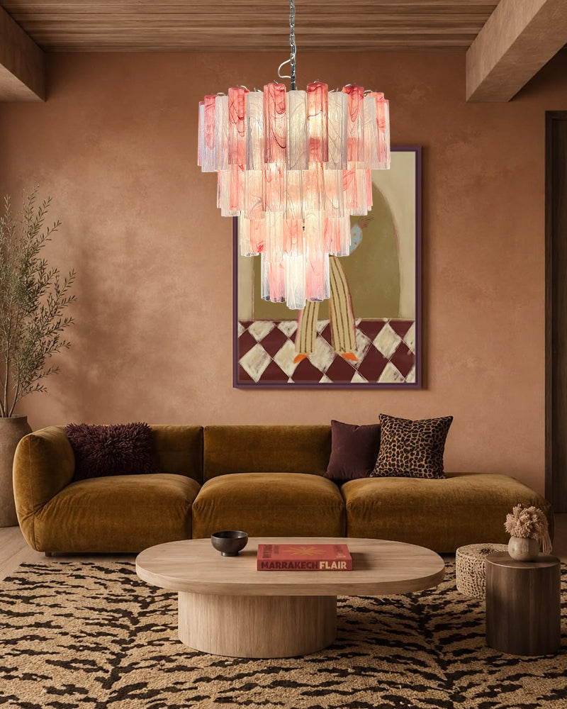 Cortina Murano Glass Ethereal Pink Multi Tier Cascade Chandelier - Hand Blown Glass, Lux Gold Trim - Living Rooms & Dining Rooms