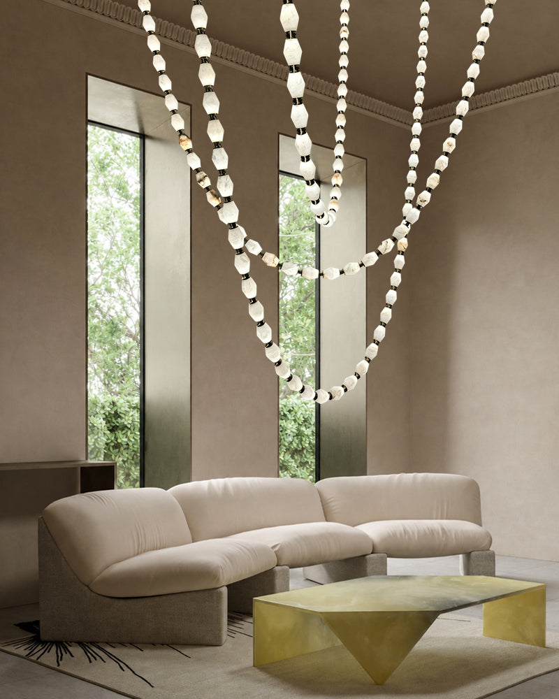 Clairval Alabaster Bead Rope Hanging Pendant Light - Natural Spanish Alabaster, Lux Brass Trim - Lobby, Living Rooms & High Ceilings