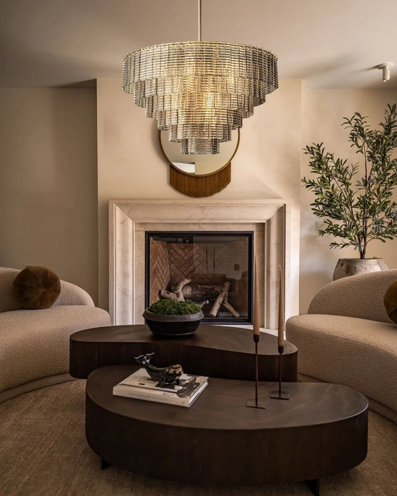 Cassis Series Geometric Chandelier | Multi-Tier Ridged Glass Hand-Sculpted Clear and Smoke Ridged Glass, Polished Architectural finish for Dining Rooms and Grand Foyers American chandelier
