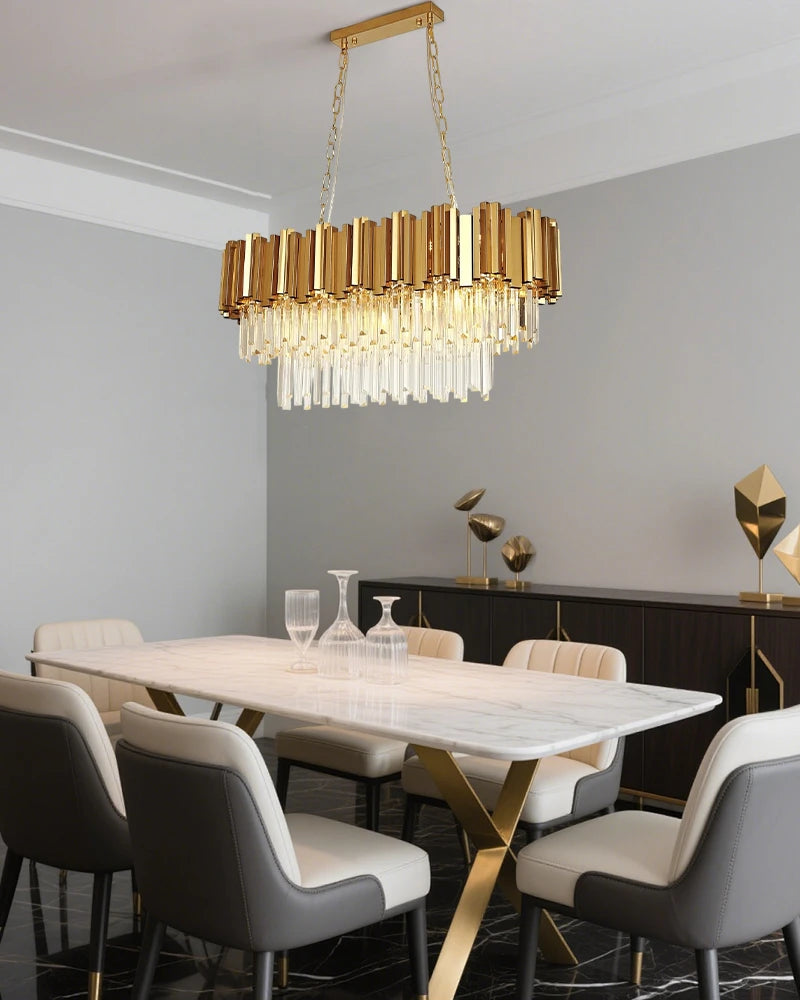 LightsStory Series Cascading Chandelier | Oval Silhouette Premium Gold Stainless Steel and Cascading Crystals, Premium Gold finish for Grand Foyers, Dining Rooms, and Luxury Offices Luxury Oval Chandelier