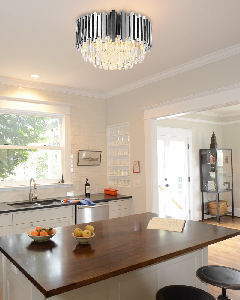 K9 Crystal Staggered Chrome Trim Drum Ceiling Light - Crystal Prism, Flush Mount - Bedrooms, Hallways, Bathrooms & Living Rooms