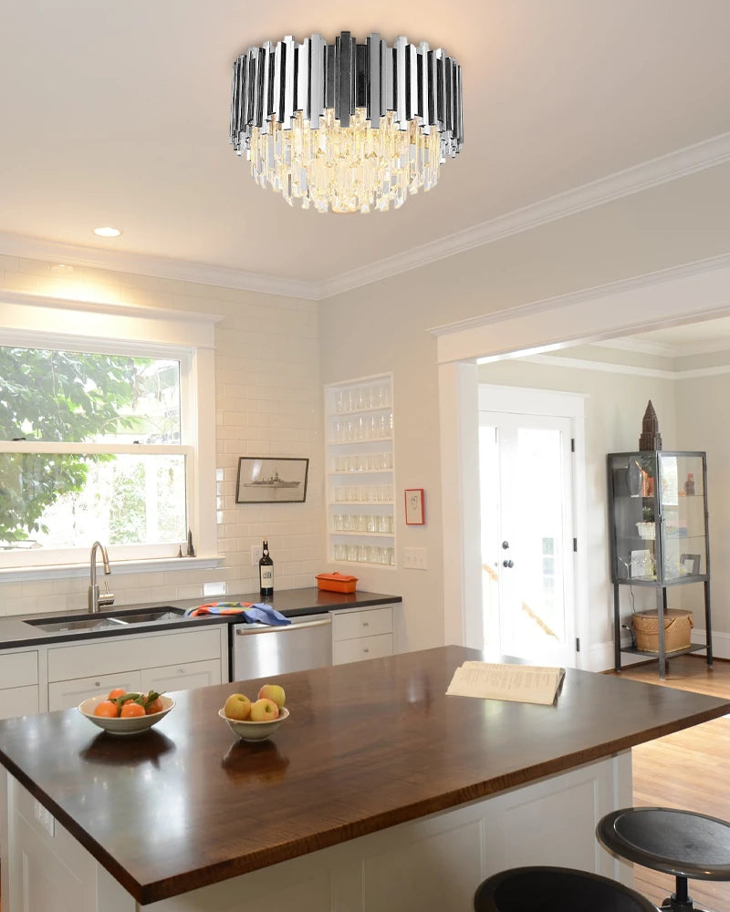 LightsStory Series Prismatic Semi-Flush Mount Chandelier | Round Crystal Gold-plated stainless steel and hand-cut crystal glass, Premium Gold-plated finish for Living rooms, dining rooms, bedrooms, and entries Flush Mounted Ceiling Lamp