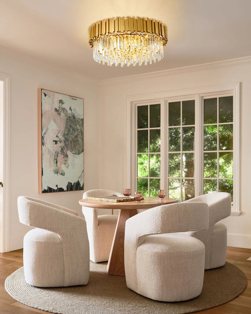 LightsStory Series Prismatic Semi-Flush Mount Chandelier | Round Crystal Gold-plated stainless steel and hand-cut crystal glass, Premium Gold-plated finish for Living rooms, dining rooms, bedrooms, and entries Flush Mounted Ceiling Lamp