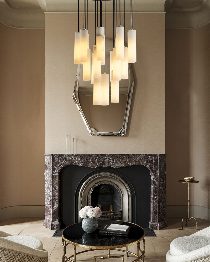Unique Cluster Cylinder White Alabaster Brass Pendant Light with Black Adjustable Cord