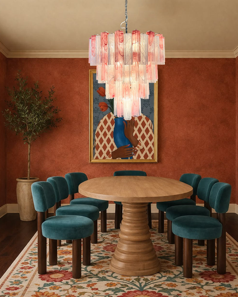 Cortina Murano Glass Ethereal Pink Multi Tier Cascade Chandelier - Hand Blown Glass, Lux Gold Trim - Living Rooms & Dining Rooms
