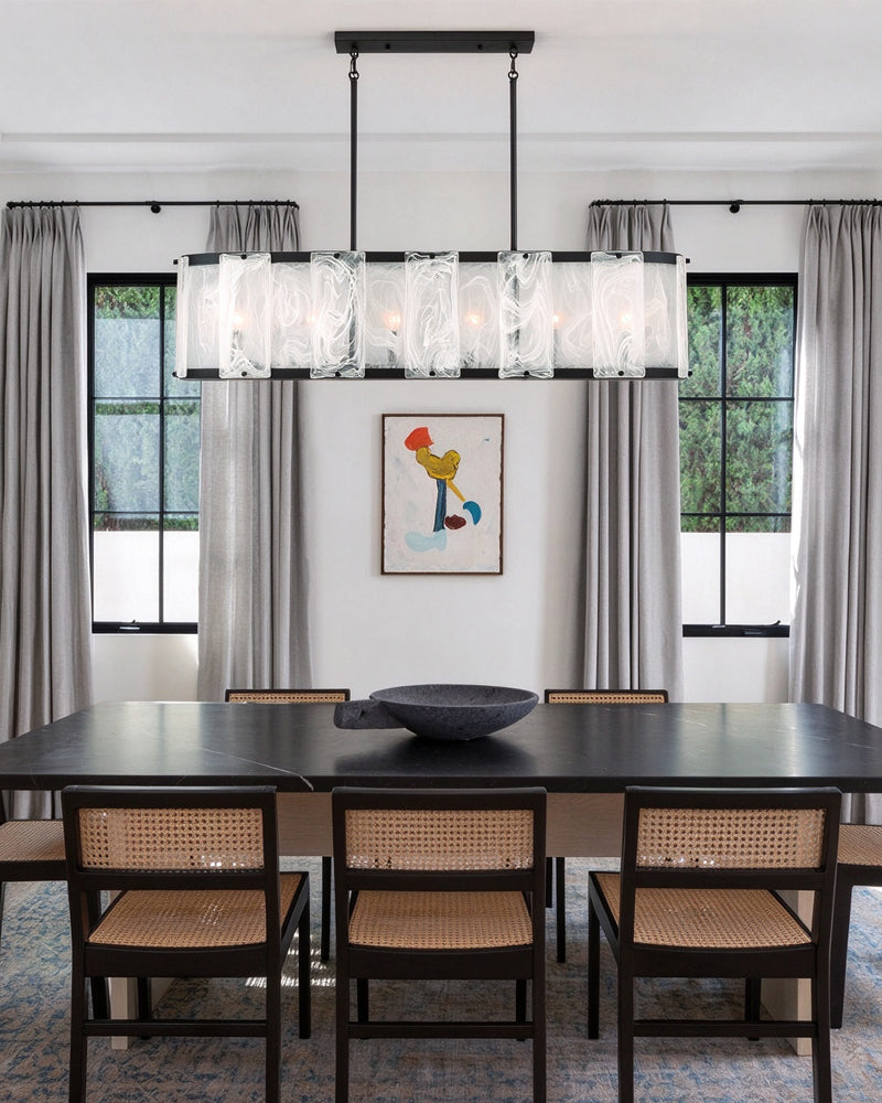 Solstice Ghiaccio Glass Oval Linear Pendant Light - Textured Ice Glass, Lux Gold Trim - Kitchen Islands & Dining Rooms