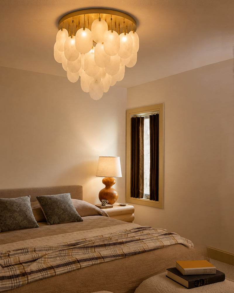 Fenwich Alabaster Gold Tag Cloud Ceiling Light - Natural Spanish Alabaster Panels, Semi Flush Mount, Lux Gold Trim - Dining Rooms & Living Rooms