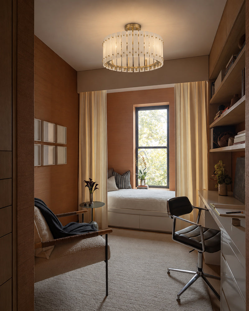 Burton Alabaster Gold Studded Panel Drum Ceiling Light - Natural Spanish Alabaster Panels, Semi Flush Mount, Lux Gold Trim - Bedrooms, Living Rooms & Dining Rooms
