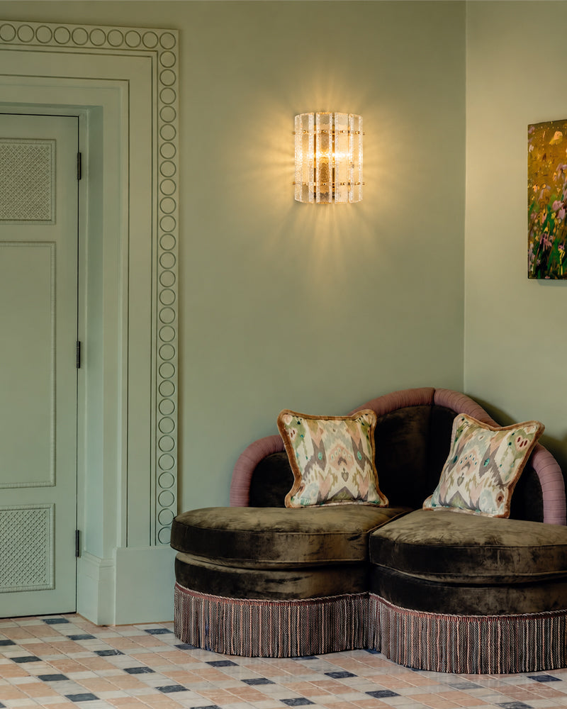 Solstice Ghiaccio Glass Lantern Wall Light Sconce - Flush Mount, Lux Gold Trim - Hallways, Foyers, Dining Rooms & Living Rooms