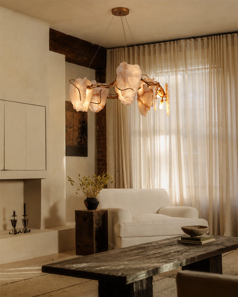 Alabaster Sculptural Natural Agate Slice Twisted Brass Vine Pendant Light - Natural Spanish Alabaster Slices, Lux Gold Trim - Kitchens, Dining & Living Rooms
