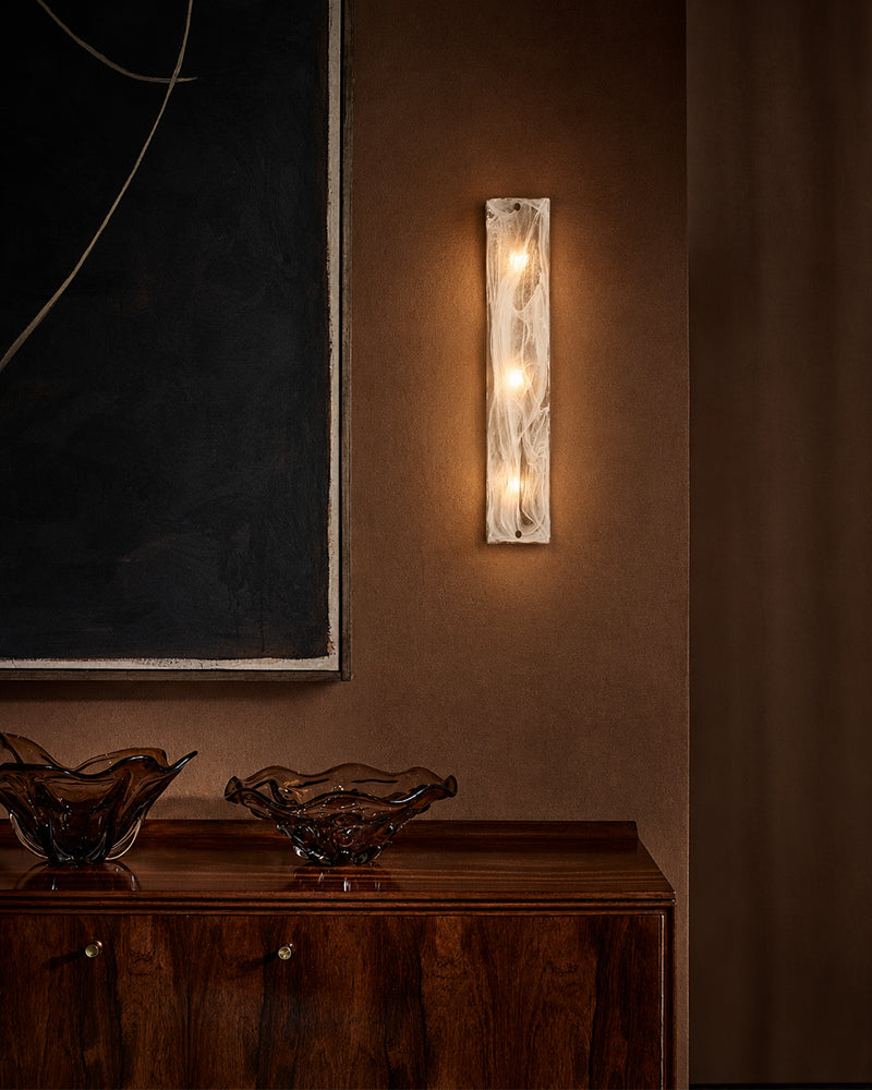 Solstice Ghiaccio Glass Column Wall Light Sconce - Flush Mount, Lux Gold Trim - Hallways, Foyers, Dining Rooms & Living Rooms