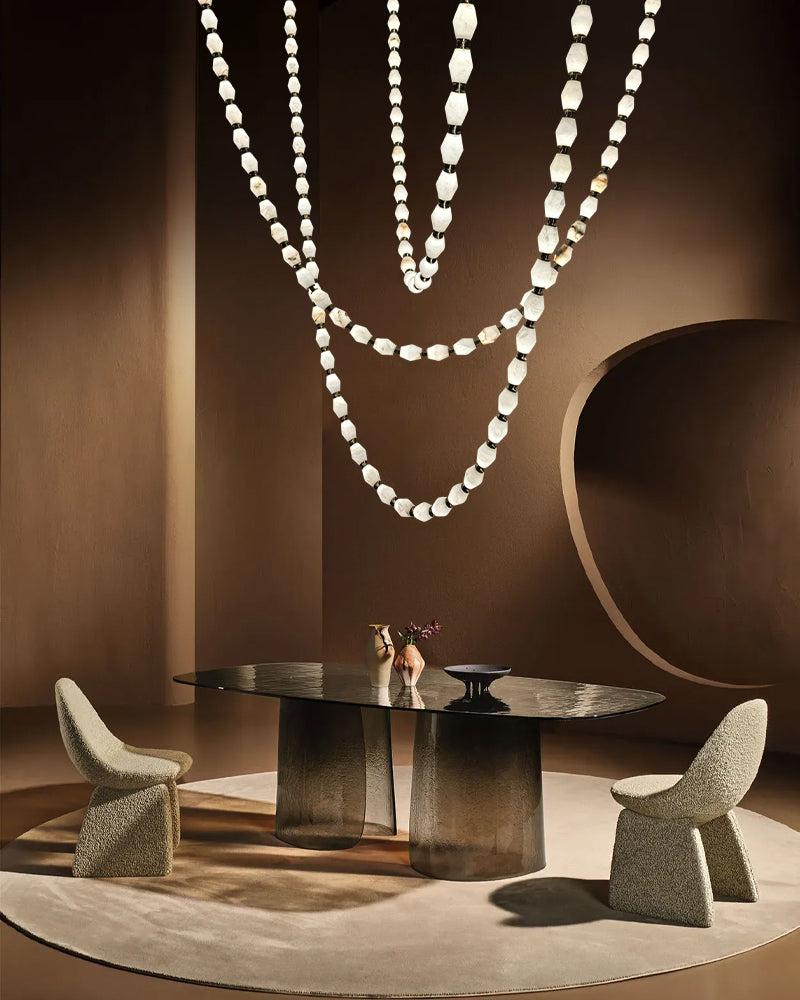 Clairval Alabaster Bead Rope Hanging Pendant Light - Natural Spanish Alabaster, Lux Brass Trim - Lobby, Living Rooms & High Ceilings