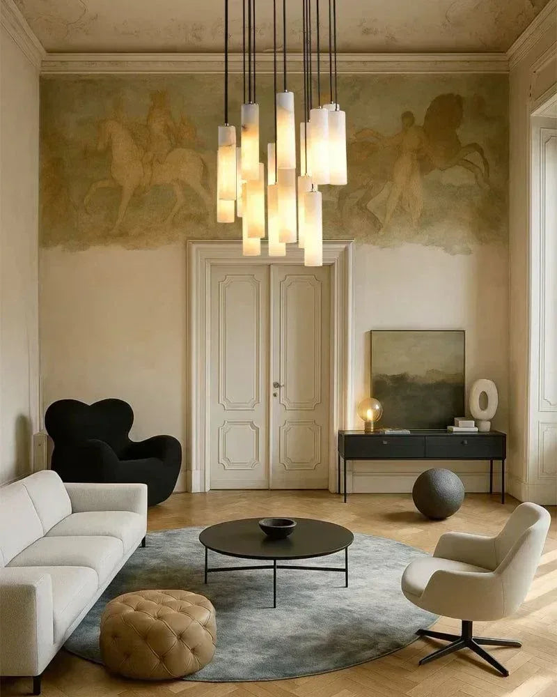 LightsStory Series Geometric Pendant Light | Cylinder Cluster Natural White Marble, Brushed Brass finish for Modern bedrooms, living rooms, and halls Modern Pendant lamp