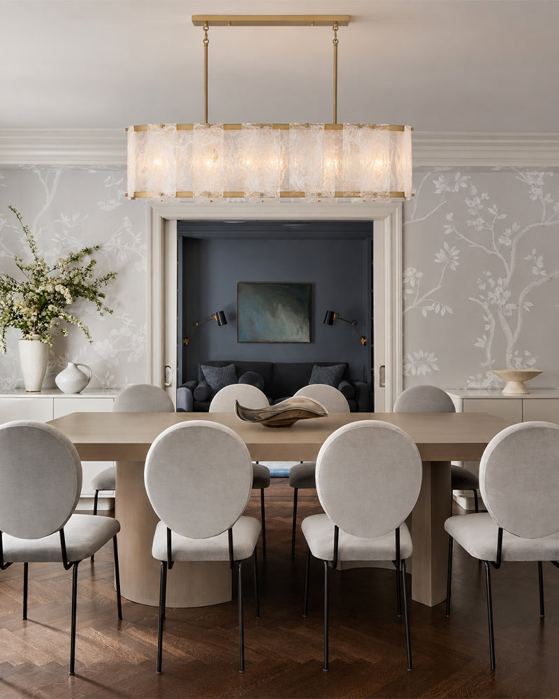 Solstice Ghiaccio Glass Oval Linear Pendant Light - Textured Ice Glass, Lux Gold Trim - Kitchen Islands & Dining Rooms