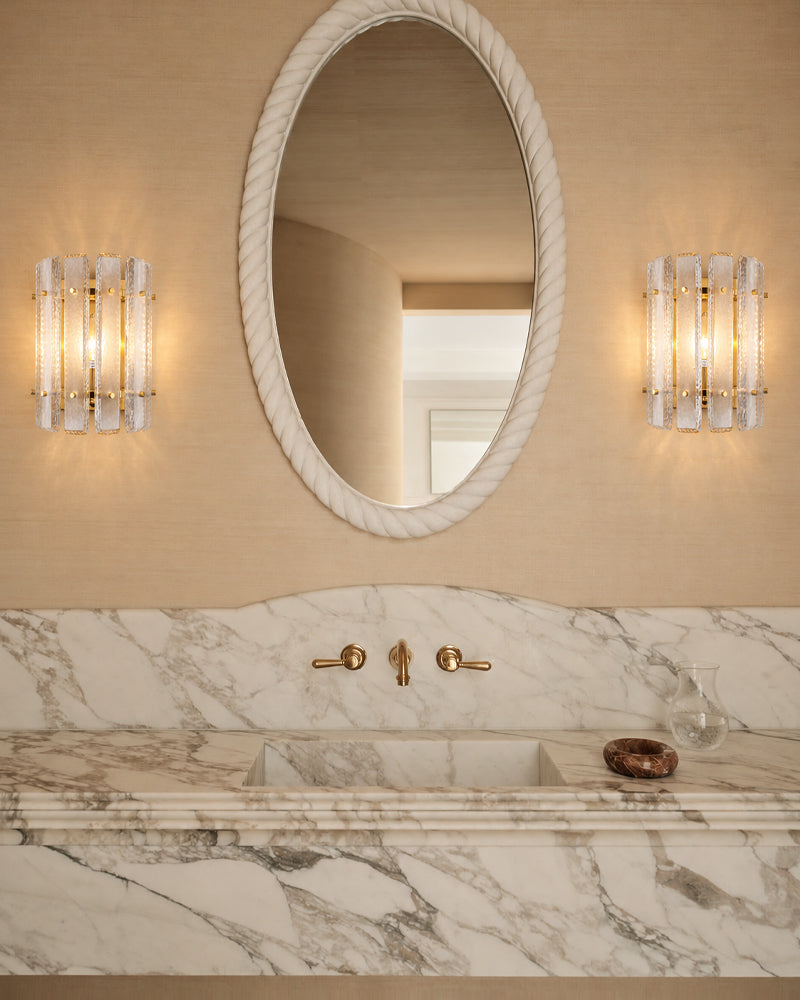 Solstice Ghiaccio Glass Lantern Wall Light Sconce - Flush Mount, Lux Gold Trim - Hallways, Foyers, Dining Rooms & Living Rooms