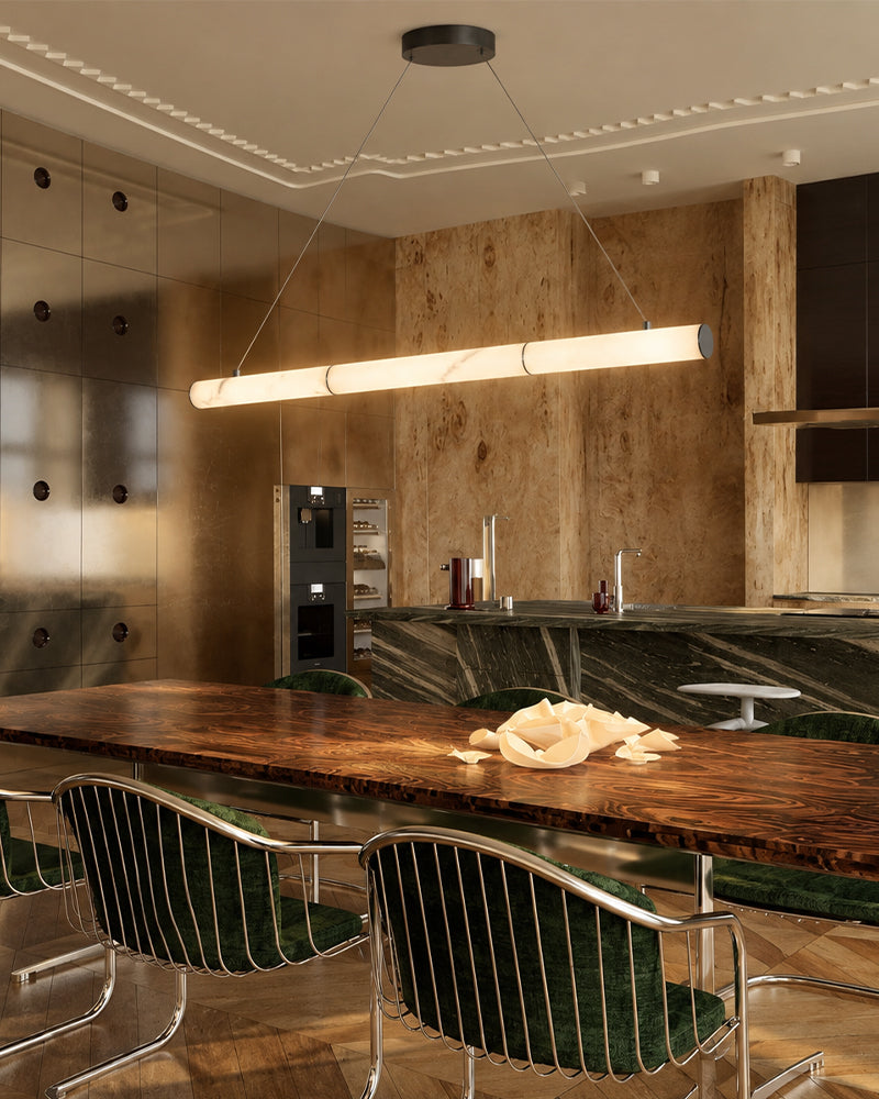 Cora Alabaster Linear Halo Pendant Light - Natural Spanish Alabaster, Lux Gold Trim - Kitchen Islands & Dining Rooms