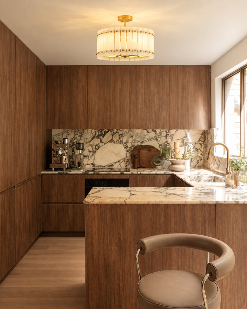 Val D’Isère Alabaster Studded Drum Ceiling Light - Semi Flush Mount, Lux Gold Trim - Living Rooms & Dining Rooms