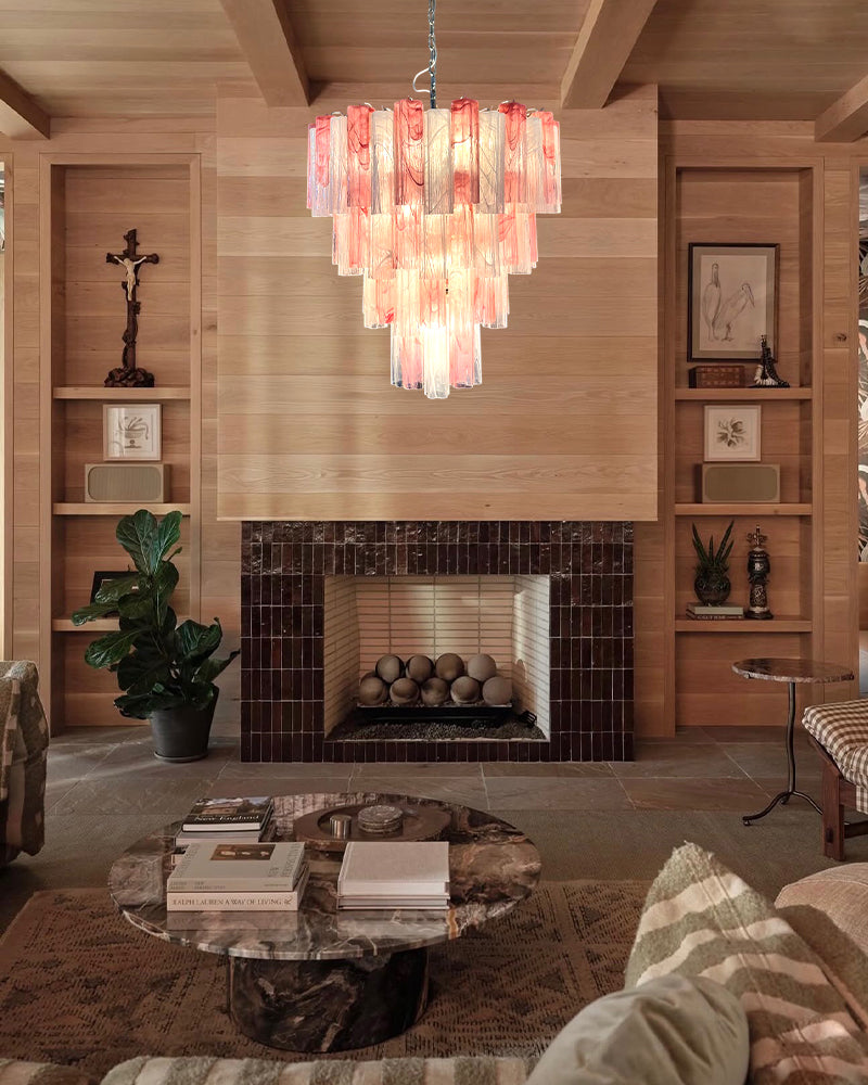 Cortina Murano Glass Ethereal Pink Multi Tier Cascade Chandelier - Hand Blown Glass, Lux Gold Trim - Living Rooms & Dining Rooms