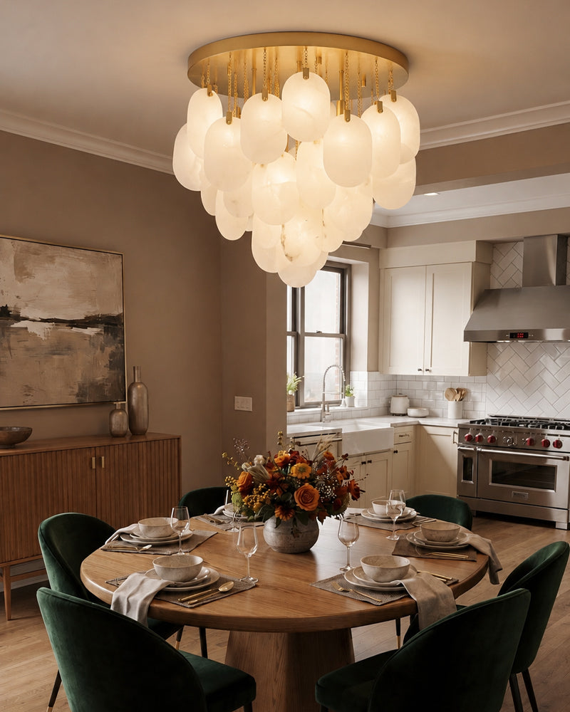 Fenwich Alabaster Gold Tag Cloud Ceiling Light - Natural Spanish Alabaster Panels, Semi Flush Mount, Lux Gold Trim - Dining Rooms & Living Rooms