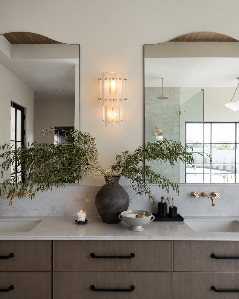 Solstice Ghiaccio Glass Lantern Wall Light Sconce - Flush Mount, Lux Gold Trim - Hallways, Foyers, Dining Rooms & Living Rooms