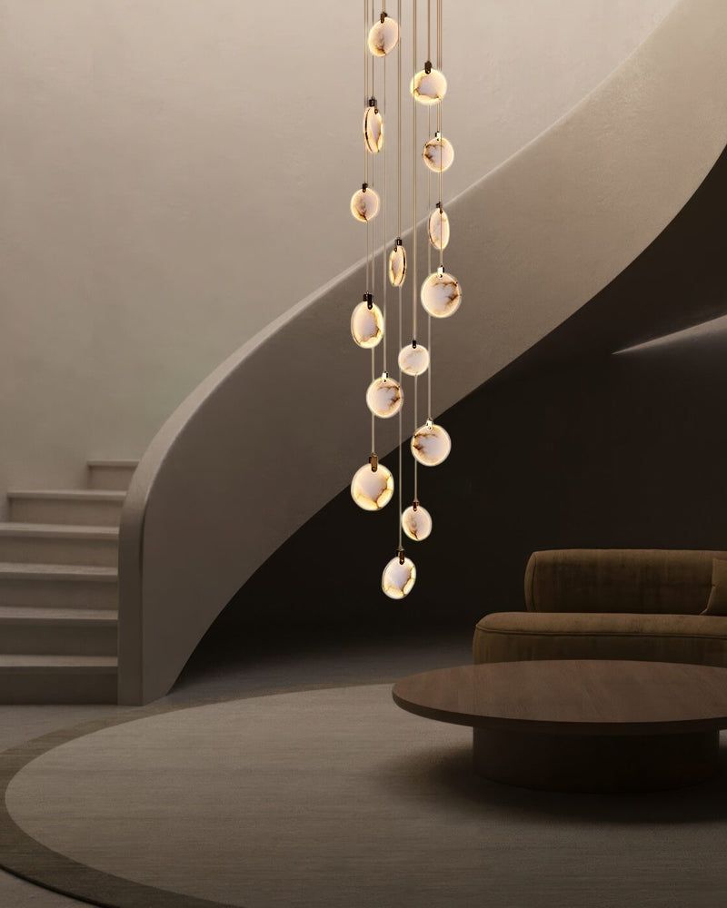 Cluster Spanish Marble Round Pendants Staircase Chandeliers Lighting Brass Finished
