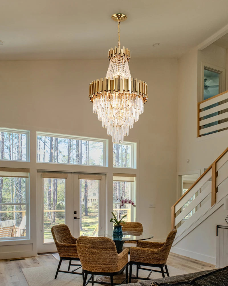 LightsStory Series Cascading Chandelier | Drum Frame Cascading Crystal Gold stainless steel drum frame with hand-strung clear crystals, Premium Gold finish for Grand Foyers, Lobbies, and Dining Rooms Luxury Modern Chandelier