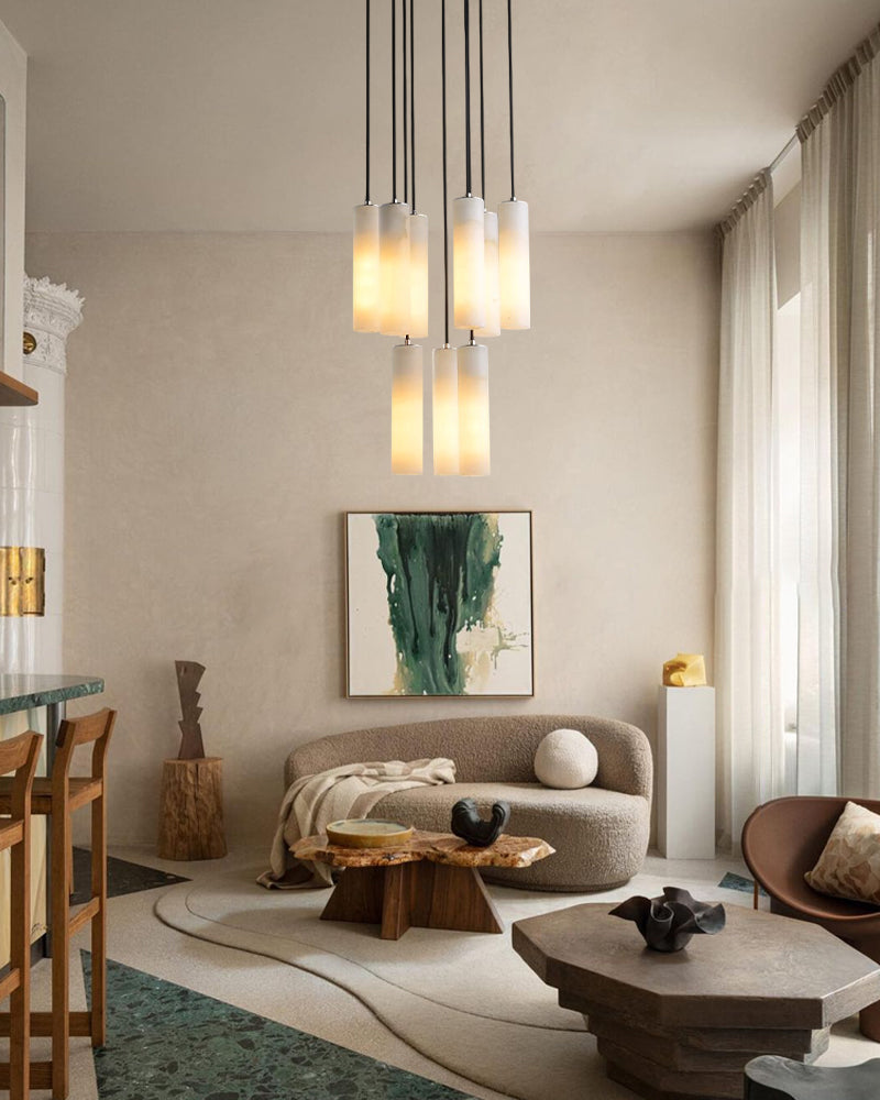 Wide 2.5" Alabaster Cylinder Cluster Ceiling Pendant Lighting Brass Finshed for Hallway Entrance