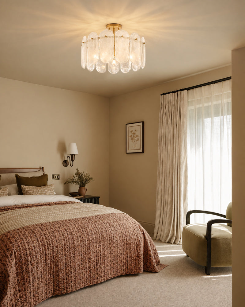 Etienne Glass Petal and Gold Trim Drum Ceiling Light - Semi Flush Mount, Lux Gold Trim - Bedrooms, Living Rooms & Dining Rooms