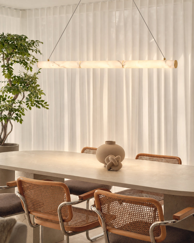 Cora Alabaster Linear Halo Pendant Light - Natural Spanish Alabaster, Lux Gold Trim - Kitchen Islands & Dining Rooms