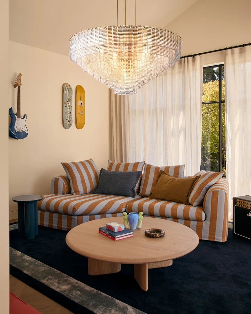 Cassis Series Geometric Chandelier | Multi-Tier Ridged Glass Hand-Sculpted Clear and Smoke Ridged Glass, Polished Architectural finish for Dining Rooms and Grand Foyers American chandelier