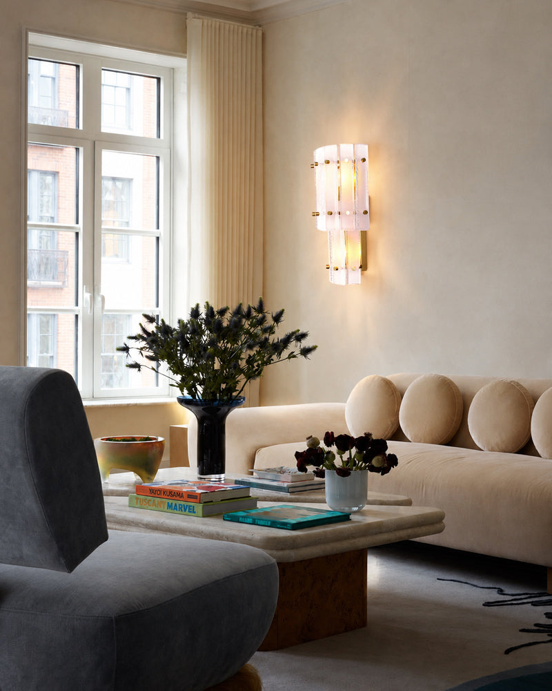 Solstice Ghiaccio Glass Lantern Wall Light Sconce - Flush Mount, Lux Gold Trim - Hallways, Foyers, Dining Rooms & Living Rooms