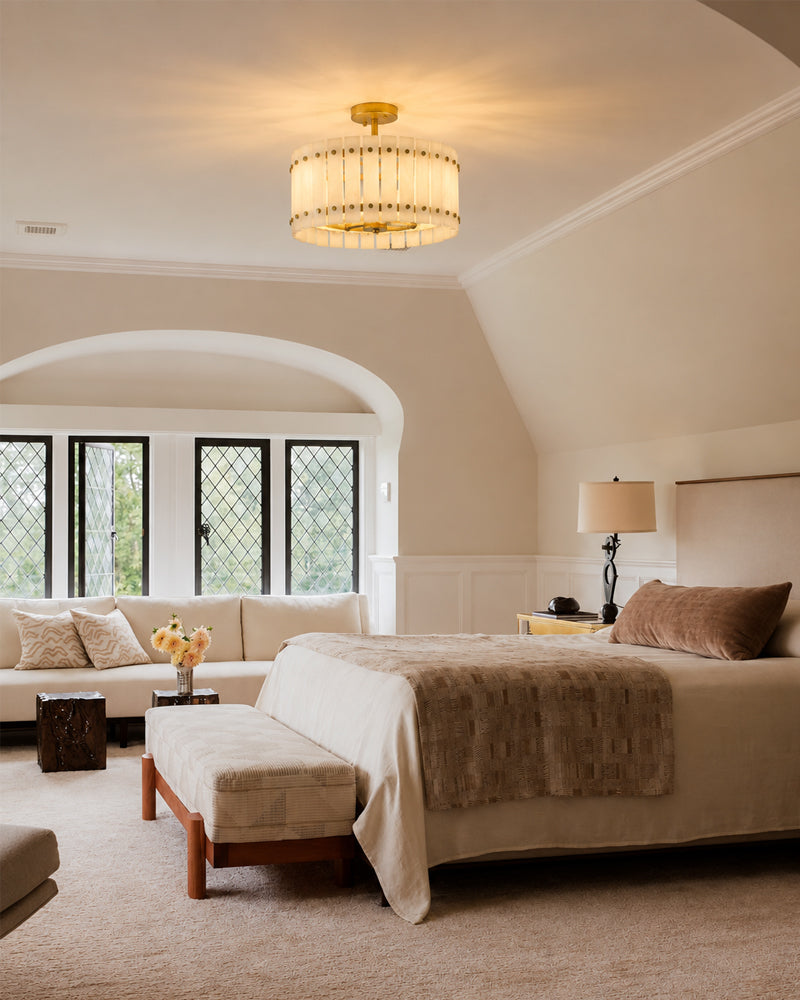 Val D’Isère Alabaster Studded Drum Ceiling Light - Semi Flush Mount, Lux Gold Trim - Living Rooms & Dining Rooms