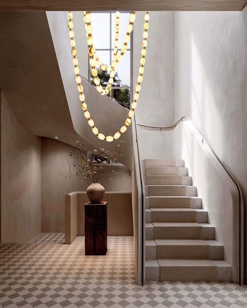Clairval Alabaster Bead Rope Hanging Pendant Light - Natural Spanish Alabaster, Lux Brass Trim - Lobby, Living Rooms & High Ceilings