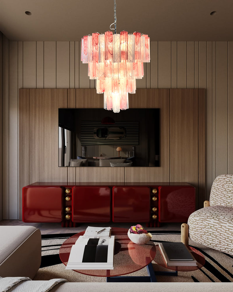 Cortina Murano Glass Ethereal Pink Multi Tier Cascade Chandelier - Hand Blown Glass, Lux Gold Trim - Living Rooms & Dining Rooms