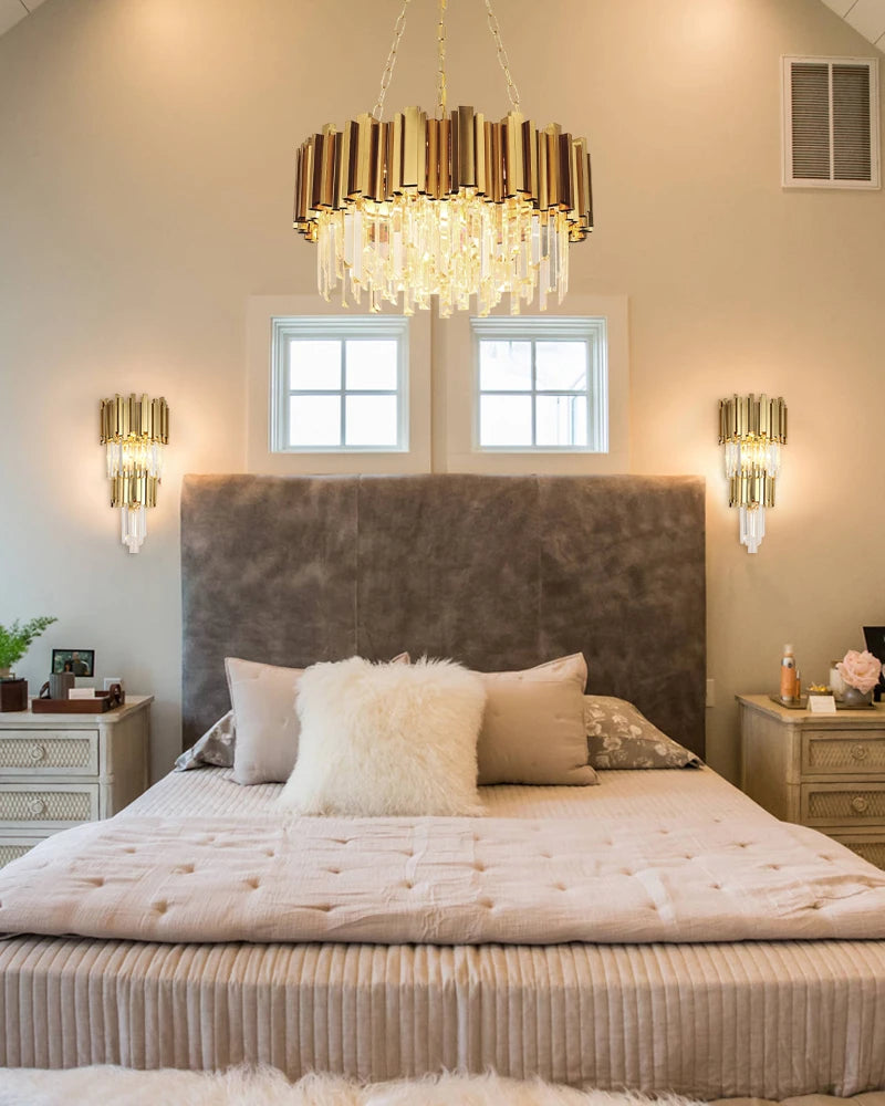 LightsStory Series Prismatic Semi-Flush Mount Chandelier | Round Crystal Gold-plated stainless steel and hand-cut crystal glass, Premium Gold-plated finish for Living rooms, dining rooms, bedrooms, and entries Flush Mounted Ceiling Lamp