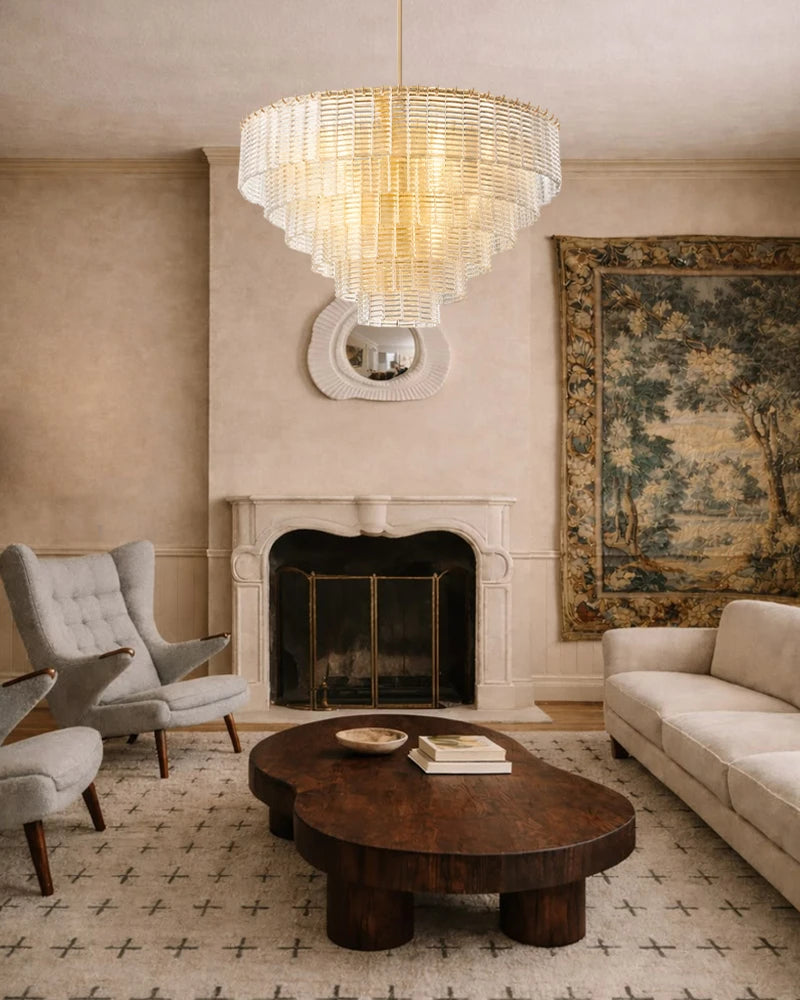 Cassis Series Geometric Chandelier | Multi-Tier Ridged Glass Sculpted Ridged Glass Ribbons, Polished Metal Frame for Grand Foyers and Dining Rooms