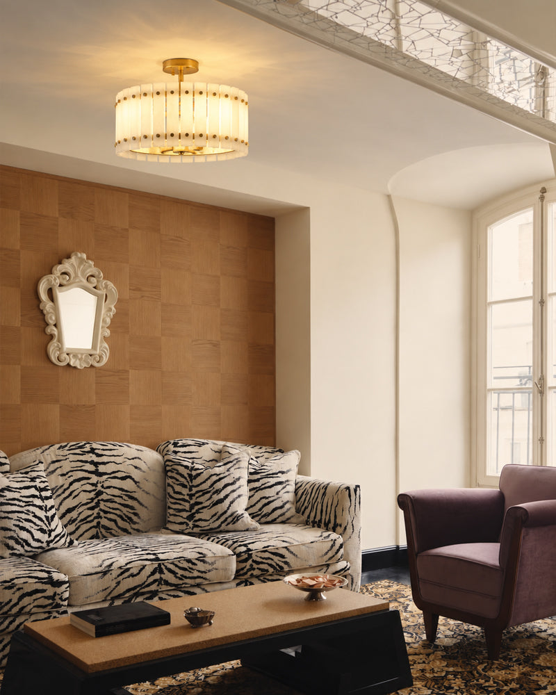Val D’Isère Alabaster Studded Drum Ceiling Light - Semi Flush Mount, Lux Gold Trim - Living Rooms & Dining Rooms
