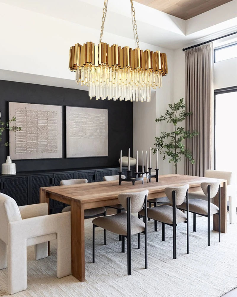 LightsStory Series Cascading Chandelier | Oval Silhouette Cascading K9 Crystals and Premium Stainless Steel, Premium Gold Stainless Steel finish for Dining Rooms and Grand Foyers Luxury Oval Chandelier