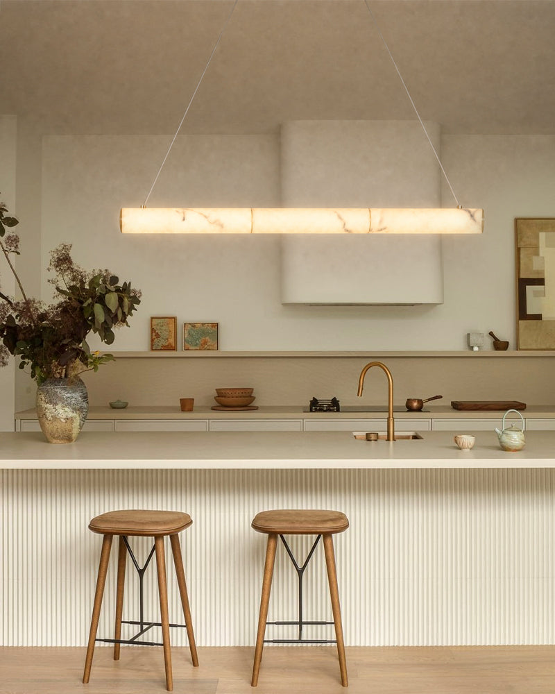 Cora Alabaster Linear Halo Pendant Light - Natural Spanish Alabaster, Lux Gold Trim - Kitchen Islands & Dining Rooms