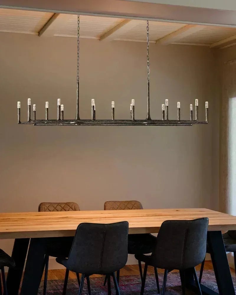 Elmsworth Series Architectural Linear Chandelier | Hand-Hammered Linear Hand-Forged Raw Iron, Bold Matte Black for Dining Rooms and Open Concept Spaces American Vintage chandelier lamp