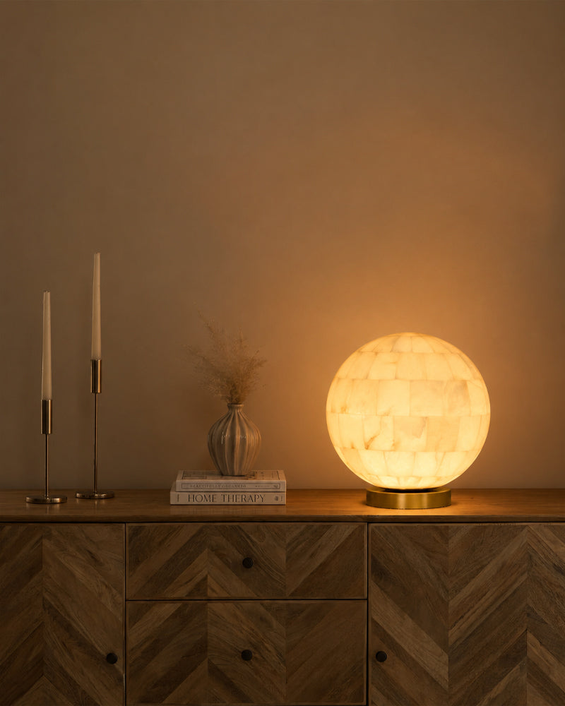 Alabaster Sphere Globe Orb Table Lamp - Handmade Nature Stone - Bedroom & Living Room