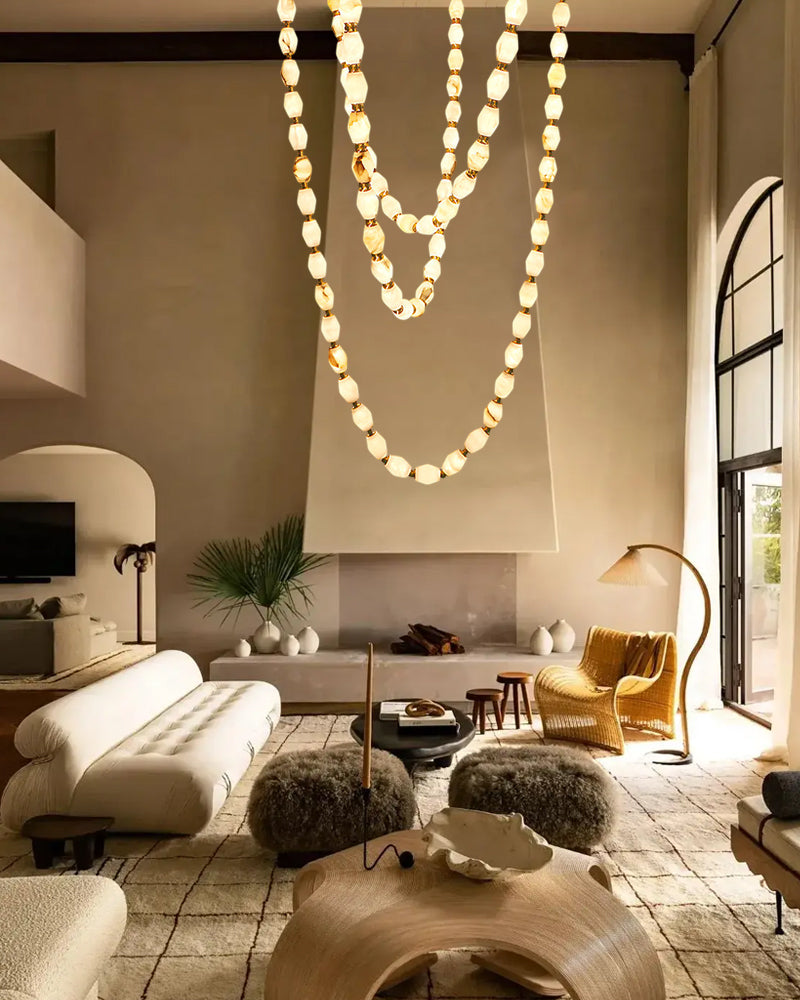 Clairval Alabaster Bead Rope Hanging Pendant Light - Natural Spanish Alabaster, Lux Brass Trim - Lobby, Living Rooms & High Ceilings